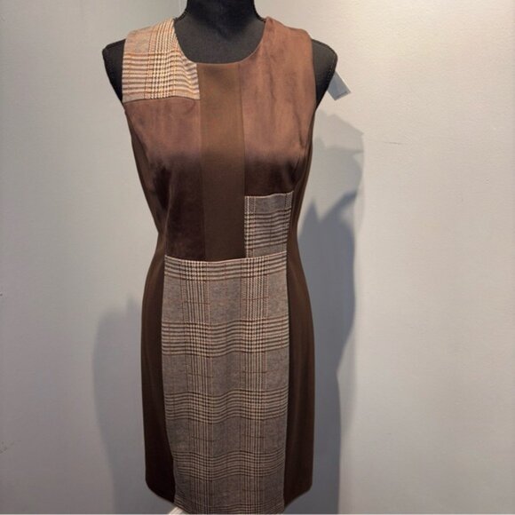 Calvin Klein 2Pc Brown & Plaid Faux Suede Dress,  Matching Duster Sz8 NWT Career - Picture 4 of 12
